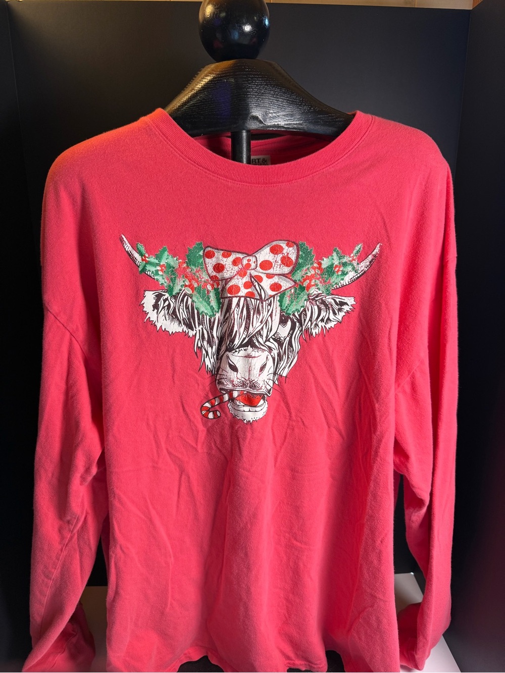 Port & Company Christmas Highland Cow Long Sleeve Graphic Tee Pink Red 3XL